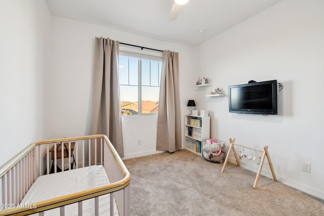 bedroom with ceiling fan and light carpet