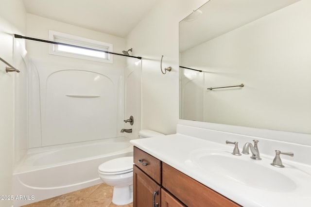 full bathroom with shower / washtub combination, vanity, tile patterned floors, and toilet