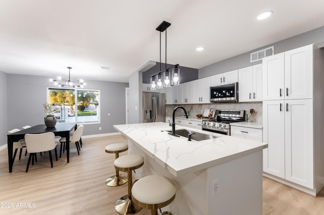 kitchen with stainless steel appliances, white cabinetry, and an island with sink