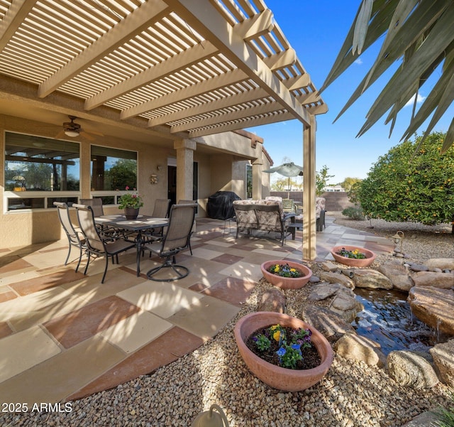 view of patio featuring a pergola and an outdoor hangout area