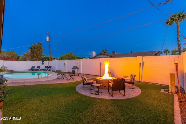 8431 E Rose Ln, Scottsdale, AZ 85250 - view of yard with an outdoor fire pit, a patio, a fenced backyard, and a fenced in pool