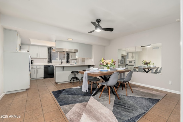 8431 E Rose Ln, Scottsdale, AZ 85250 - dining space featuring visible vents, light tile patterned floors, ceiling fan, and baseboards