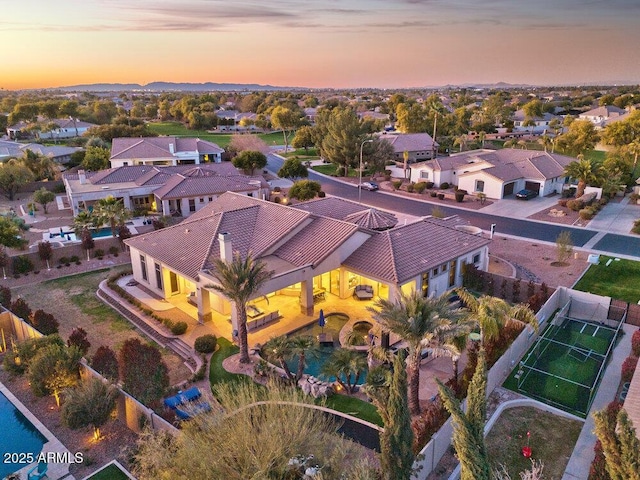 view of aerial view at dusk