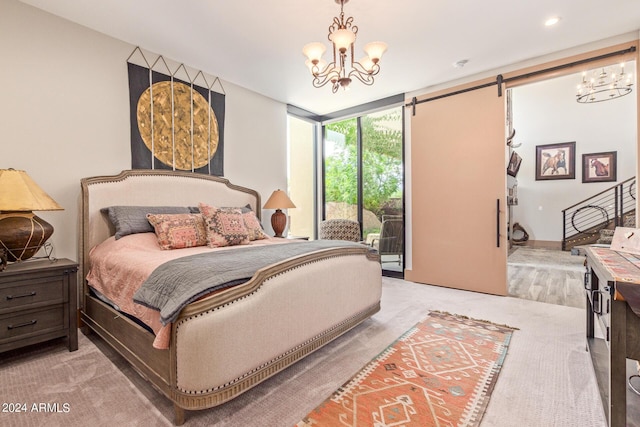 bedroom featuring access to exterior, carpet flooring, a chandelier, and expansive windows