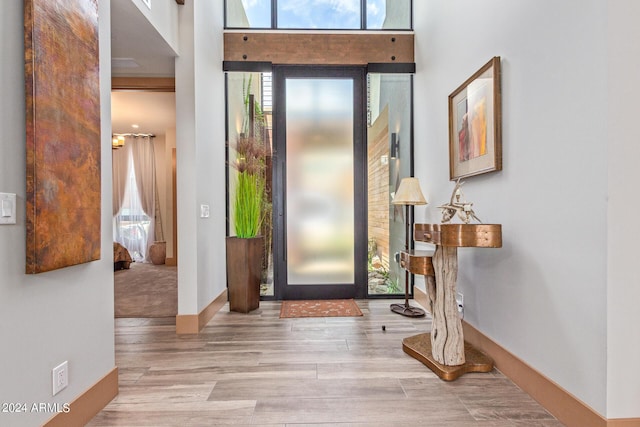 entrance foyer with a towering ceiling and light hardwood / wood-style floors