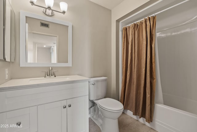 bathroom featuring visible vents, toilet, tile patterned floors, shower / bath combo with shower curtain, and vanity