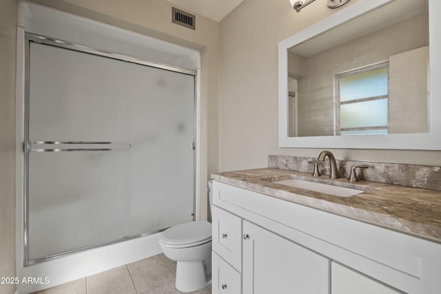 full bath with visible vents, toilet, vanity, a shower stall, and tile patterned floors