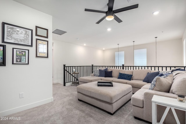 living area with visible vents, baseboards, ceiling fan, recessed lighting, and carpet