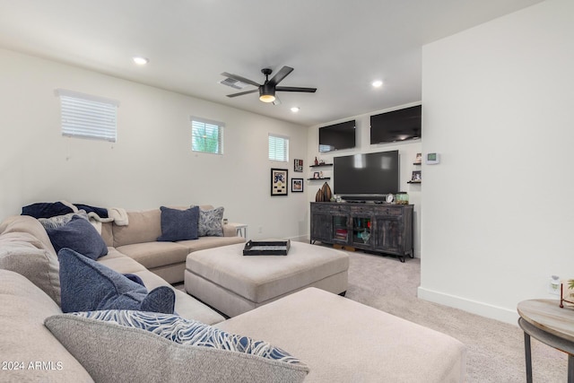 living room with ceiling fan, visible vents, carpet floors, baseboards, and recessed lighting