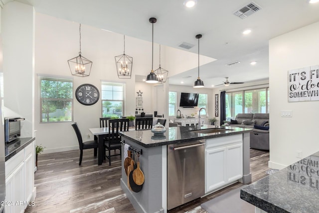 kitchen with a sink, stainless steel dishwasher, dark wood-style floors, and visible vents