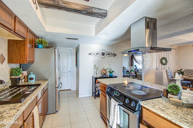 kitchen with light stone countertops, extractor fan, a textured ceiling, stainless steel range with electric stovetop, and light tile patterned floors