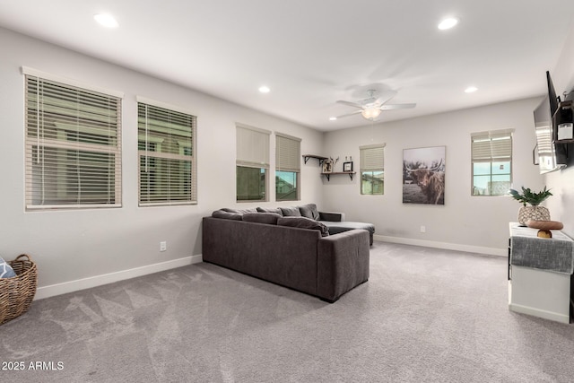 3938 E Appaloosa Rd, Gilbert, AZ 85296 - carpeted living room with ceiling fan, baseboards, recessed lighting, and plenty of natural light