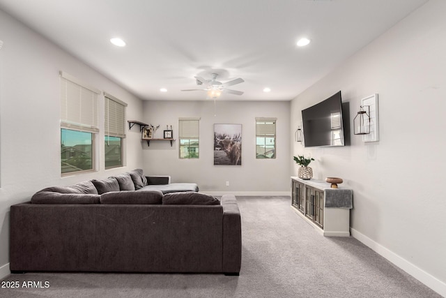 3938 E Appaloosa Rd, Gilbert, AZ 85296 - carpeted living room with a ceiling fan, recessed lighting, and baseboards
