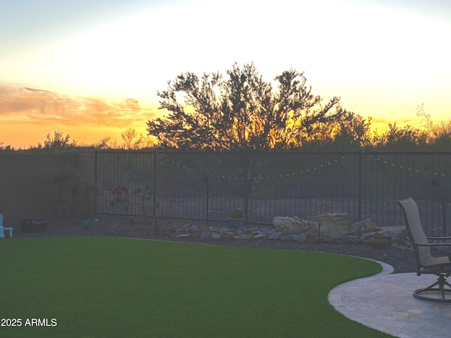 view of yard with a fenced backyard and a patio