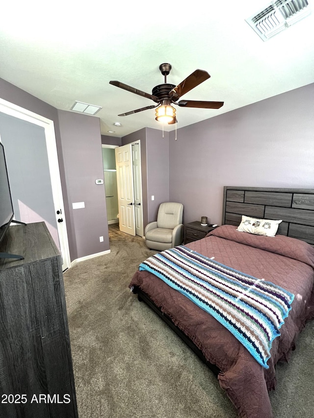 carpeted bedroom featuring ceiling fan