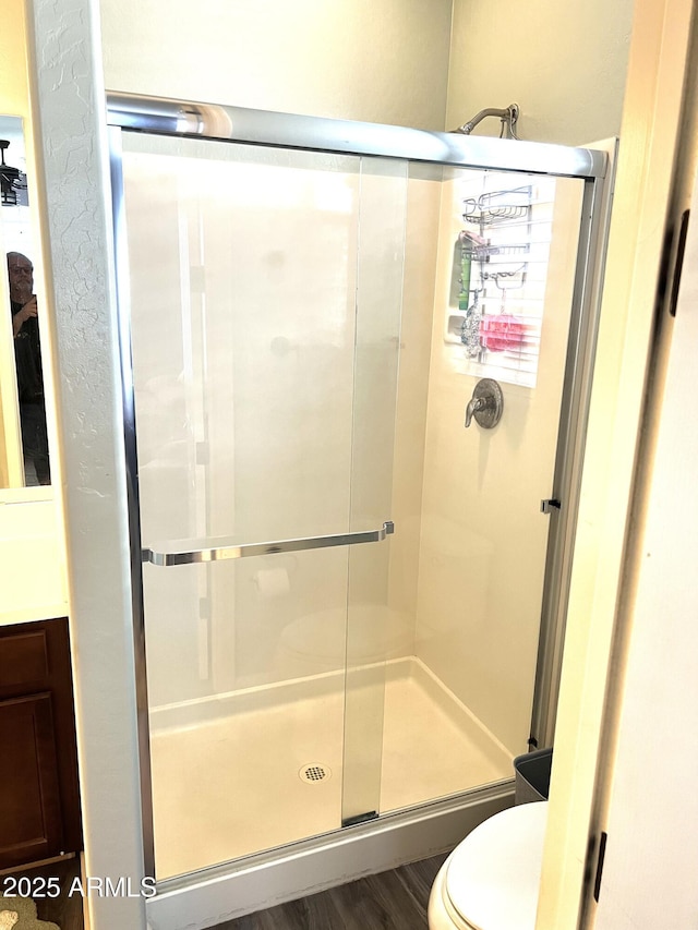 bathroom with a shower stall and toilet