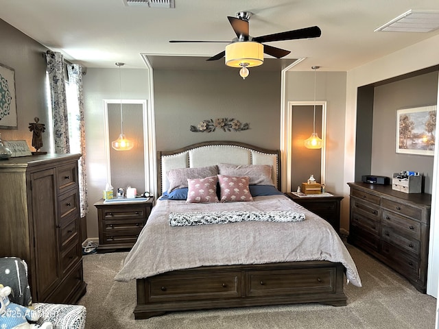 carpeted bedroom with ceiling fan