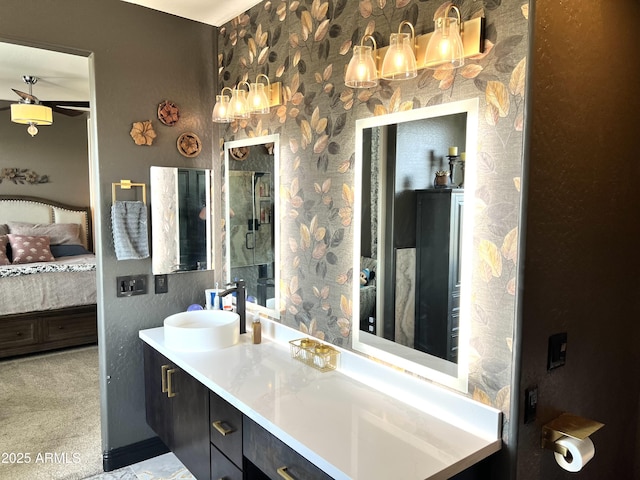 bathroom with vanity and ceiling fan