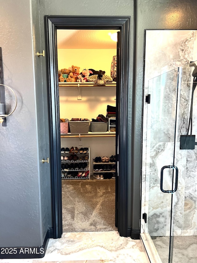 wine cellar with a textured wall and carpet flooring