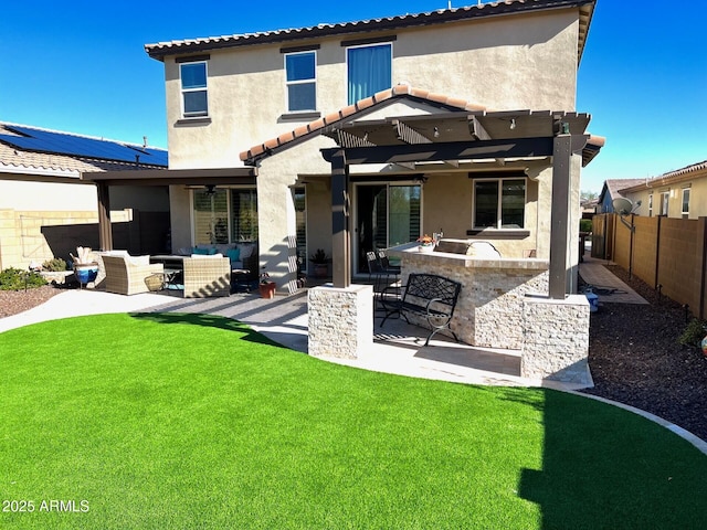 back of property featuring a patio area, a fenced backyard, an outdoor living space, and a pergola