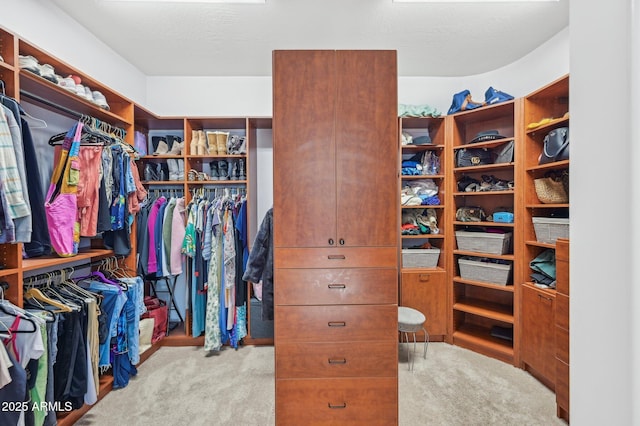 walk in closet with light carpet