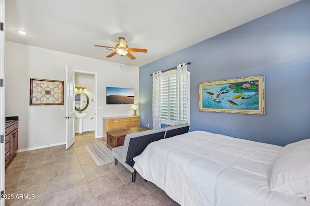 tiled bedroom with ceiling fan