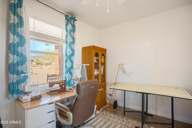 office area with wood finished floors and ceiling fan