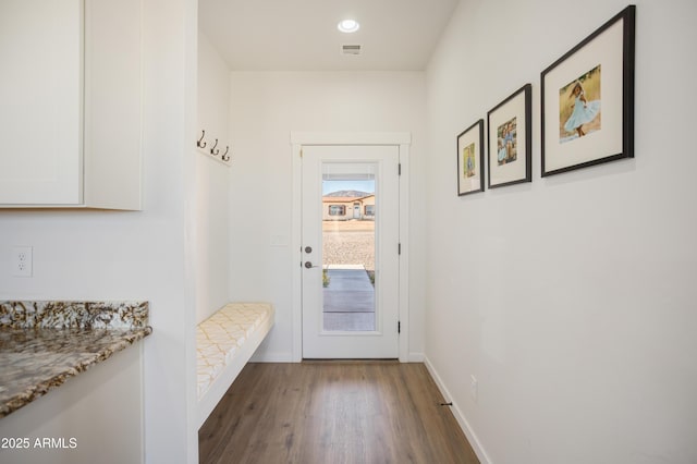 entryway with baseboards, visible vents, and wood finished floors