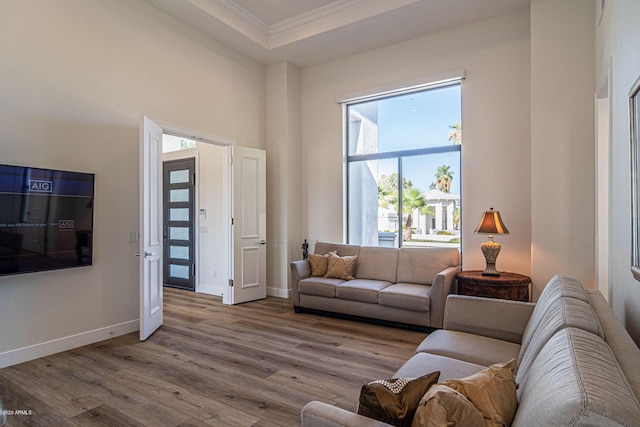 living room with a high ceiling, wood finished floors, baseboards, a raised ceiling, and crown molding