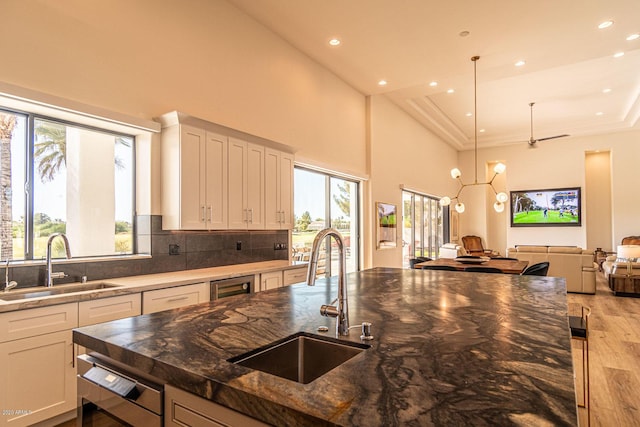 kitchen featuring a healthy amount of sunlight, light wood finished floors, open floor plan, and a sink