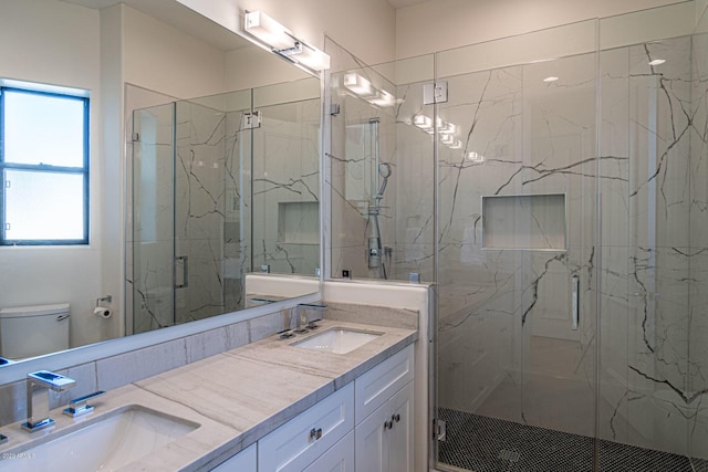 bathroom with toilet, a sink, and a marble finish shower