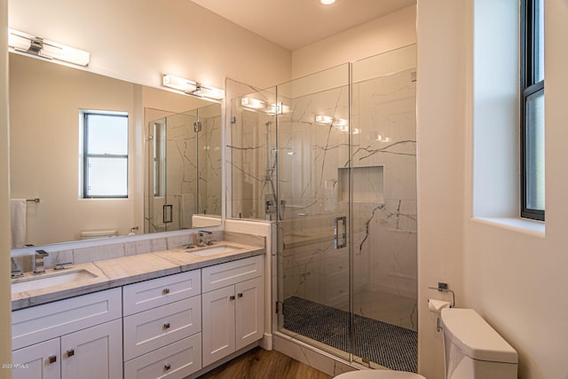 bathroom featuring toilet, double vanity, a marble finish shower, and a sink