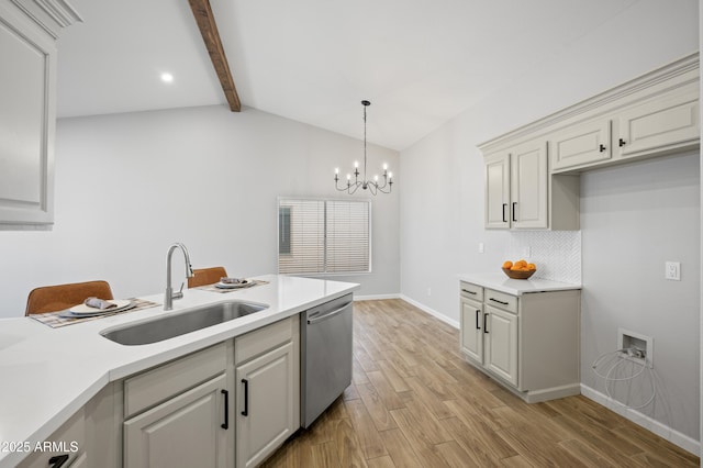 kitchen with dishwasher, light wood-style flooring, backsplash, light countertops, and a sink