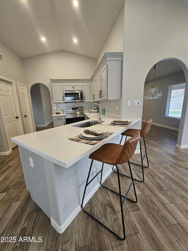 kitchen featuring stainless steel appliances, arched walkways, dark wood-style flooring, and a sink