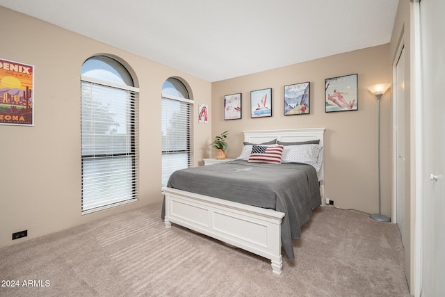 bedroom with light colored carpet