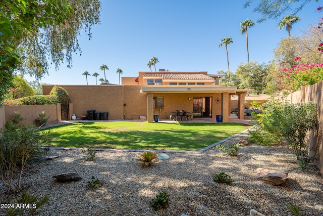 back of house featuring a patio and a lawn