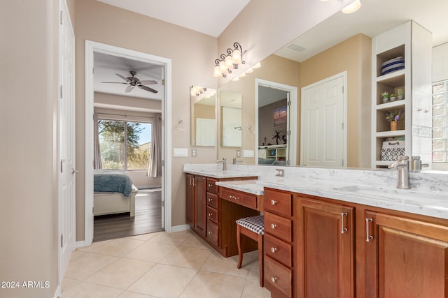 bathroom featuring vanity, hardwood / wood-style flooring, and ceiling fan