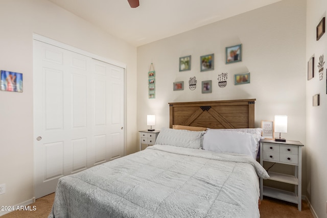 bedroom featuring a closet, carpet flooring, and ceiling fan