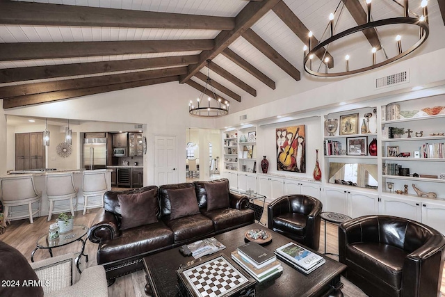 living room featuring wooden ceiling, high vaulted ceiling, beamed ceiling, a notable chandelier, and wood-type flooring