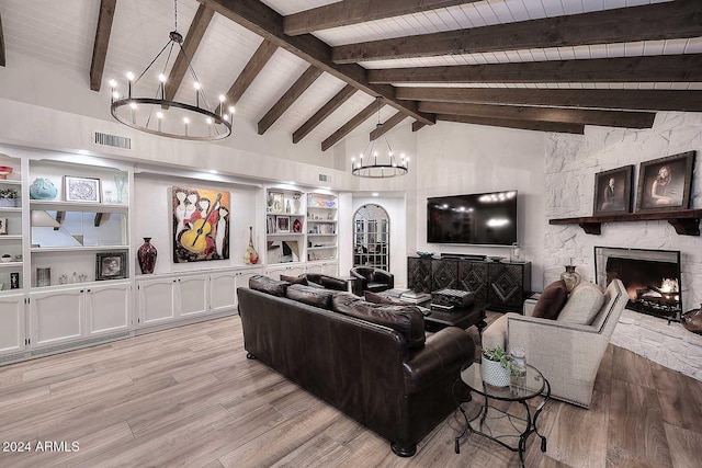 living room featuring beam ceiling, a stone fireplace, high vaulted ceiling, and light hardwood / wood-style floors