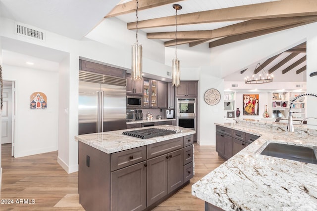 kitchen with sink, built in appliances, light hardwood / wood-style floors, a spacious island, and dark brown cabinets