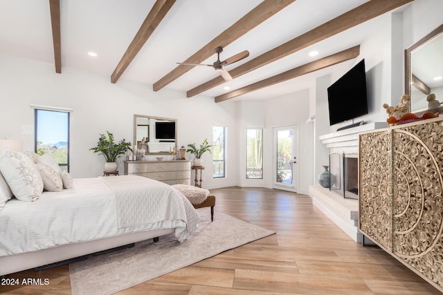 bedroom with access to exterior, beam ceiling, light hardwood / wood-style flooring, and ceiling fan