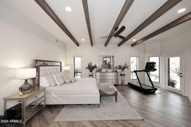 bedroom featuring access to outside, ceiling fan, dark hardwood / wood-style flooring, and beamed ceiling