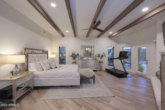 bedroom featuring ceiling fan, beam ceiling, light wood-type flooring, and access to outside