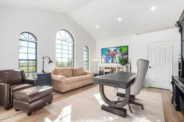 office with vaulted ceiling and light wood-type flooring