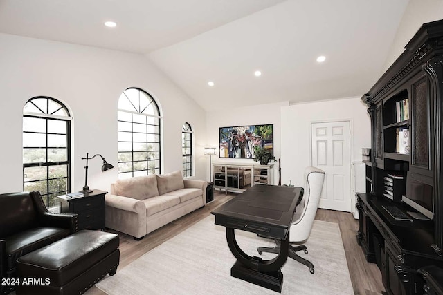 living room featuring light wood-type flooring and lofted ceiling