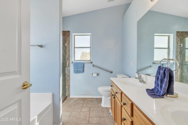 full bathroom with vanity, toilet, and separate shower and tub