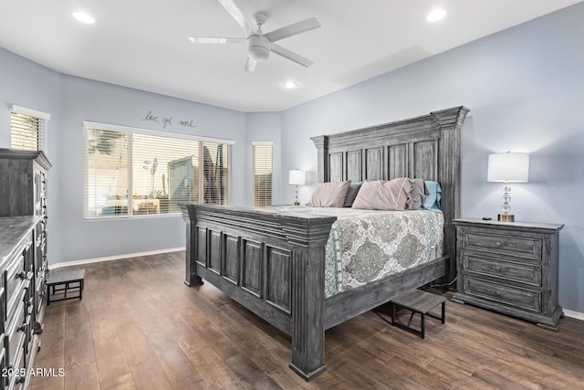 bedroom featuring recessed lighting, baseboards, and dark wood-style flooring