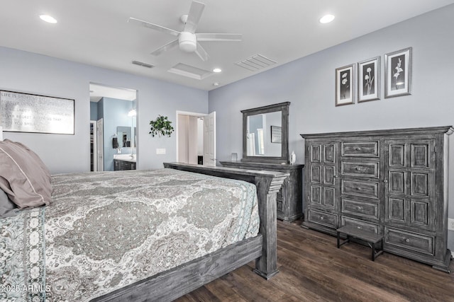 bedroom with recessed lighting, visible vents, attic access, and dark wood-style floors