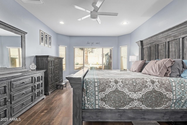 bedroom featuring multiple windows, dark wood-style floors, recessed lighting, and ceiling fan